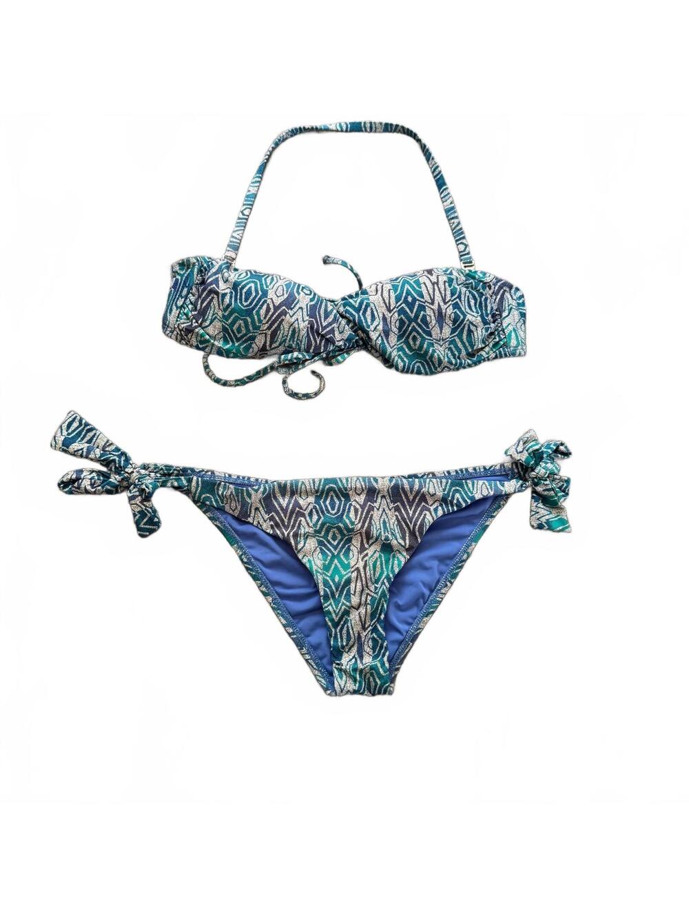 Hurley Geometric Bikini Set Teal Blue White Size M Halter Bandeau Side Tie 2pc
